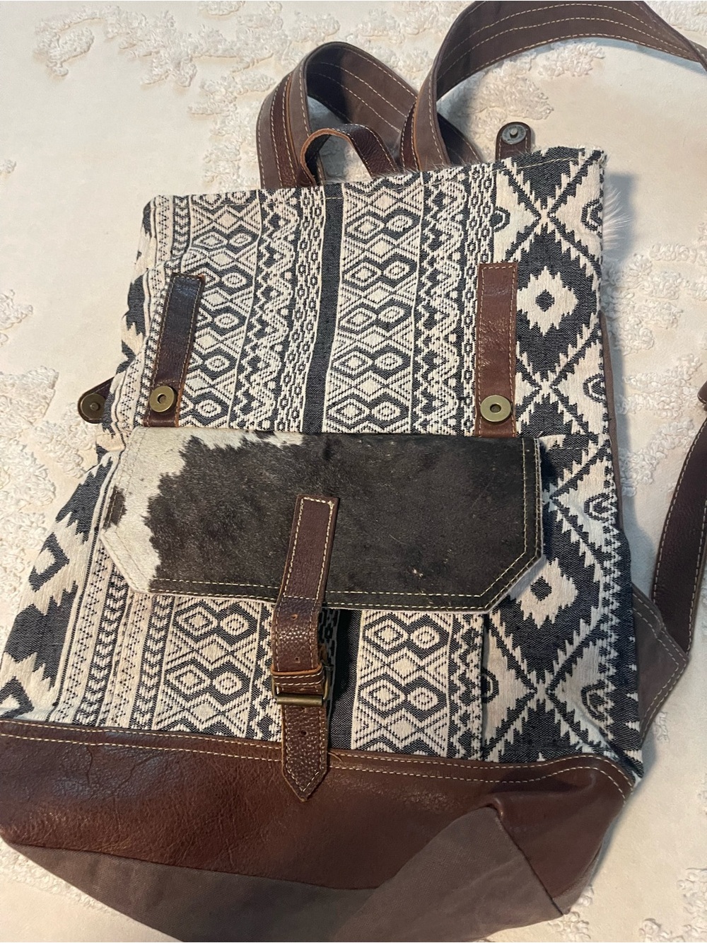 Myra Bag Black, White & Brown Patterned Backpack